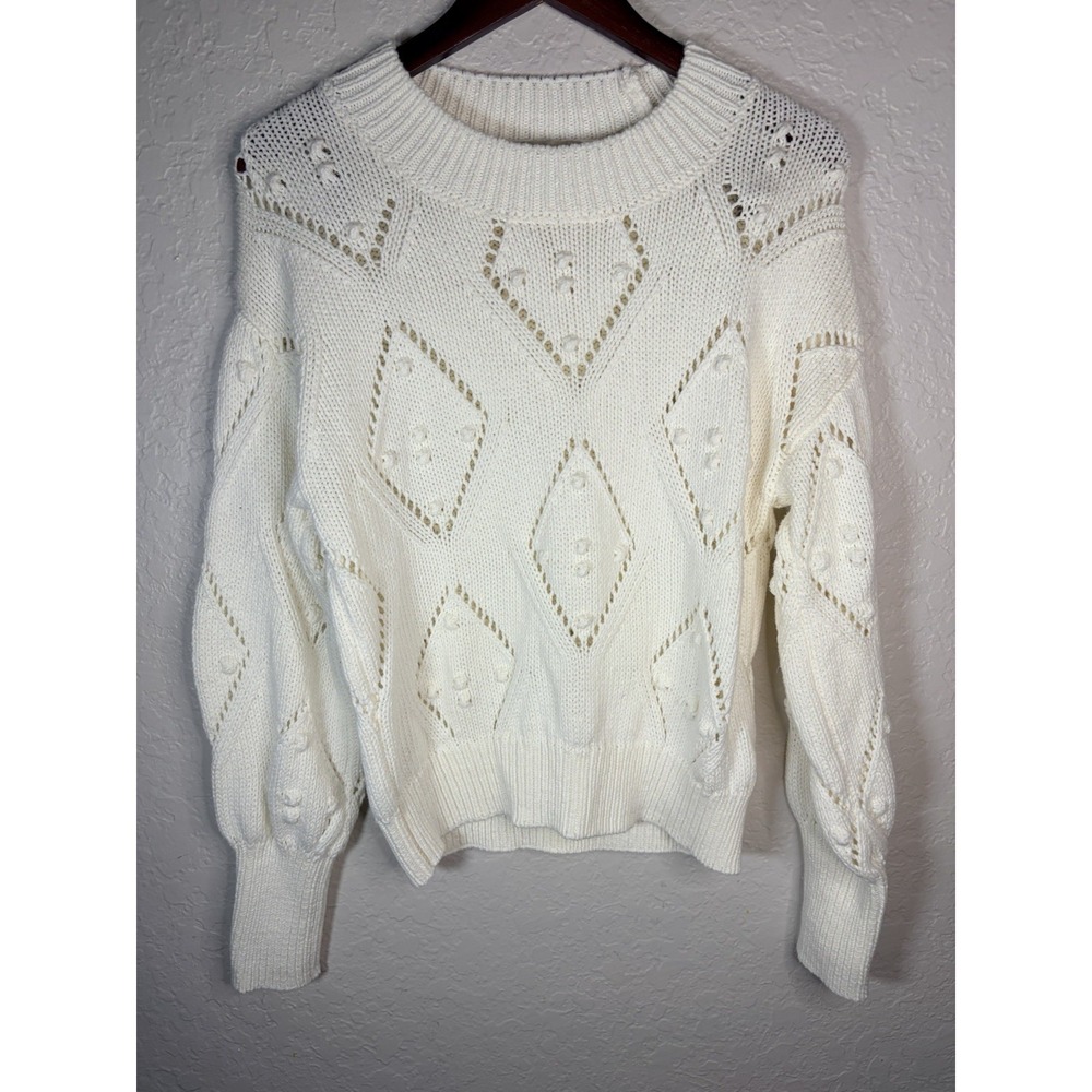 LOFT Women's L Cream Pointelle Diamond Knit Sweater Puff Sleeve Textured